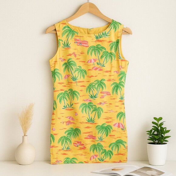 Talbots Petites Tropical Palm Print Womens Sheath Dress 10P Yellow Vintage Beach - Picture 1 of 8